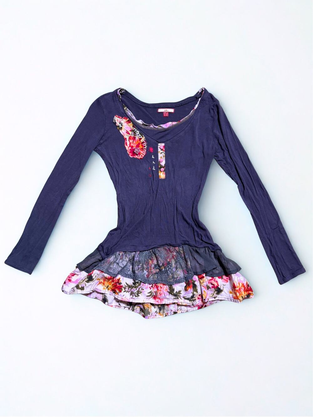 Vtg Y2K Lavender Grey Fairycore Layered Henley Babydoll Top Tiered Floral Hem